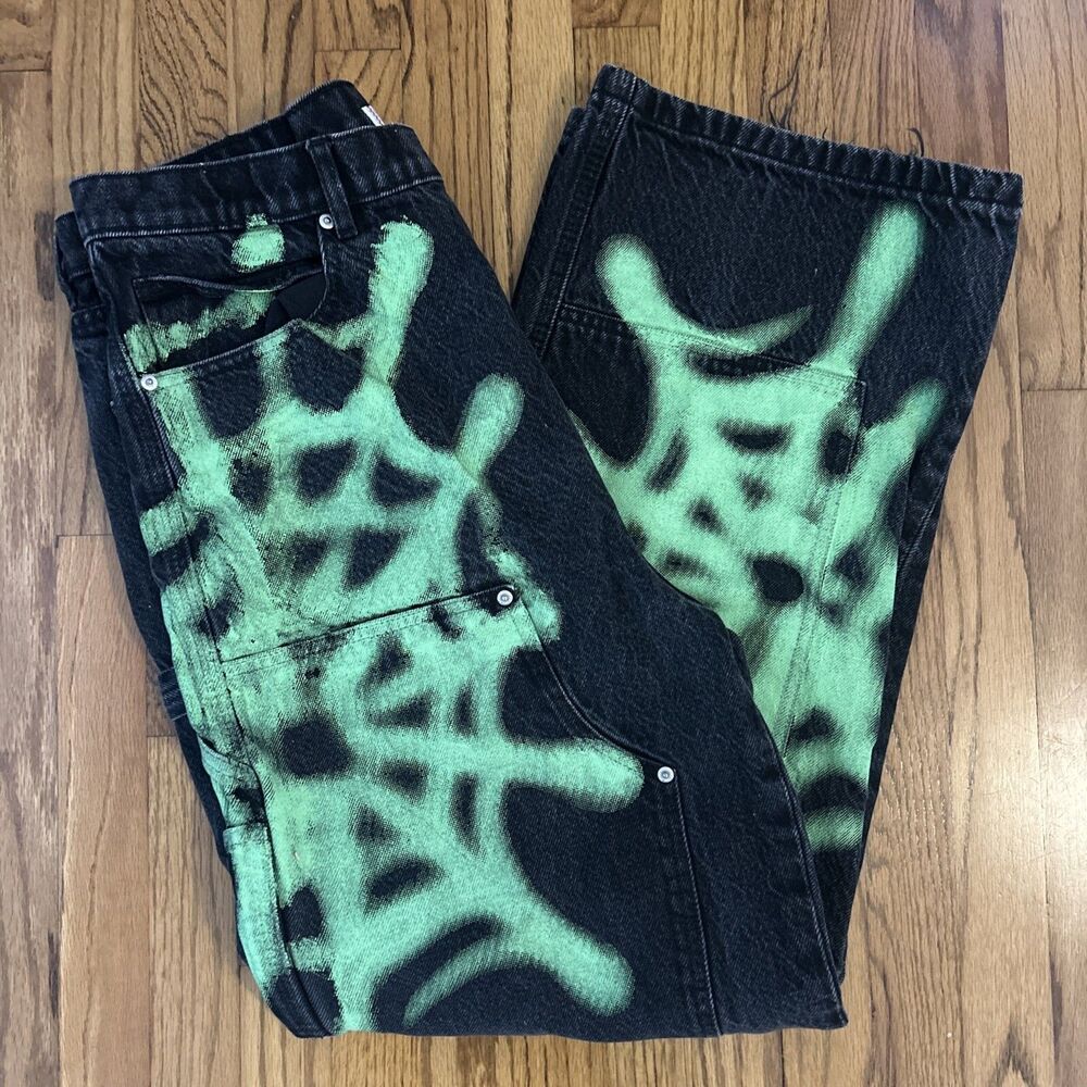 BDG Big Jack Workpant Fit Jean Sz. 32 Relaxed Fit Spider Web Black Neon Green